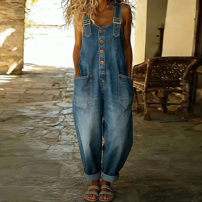 Elowra | Women's Relaxed Denim Button Front Overalls