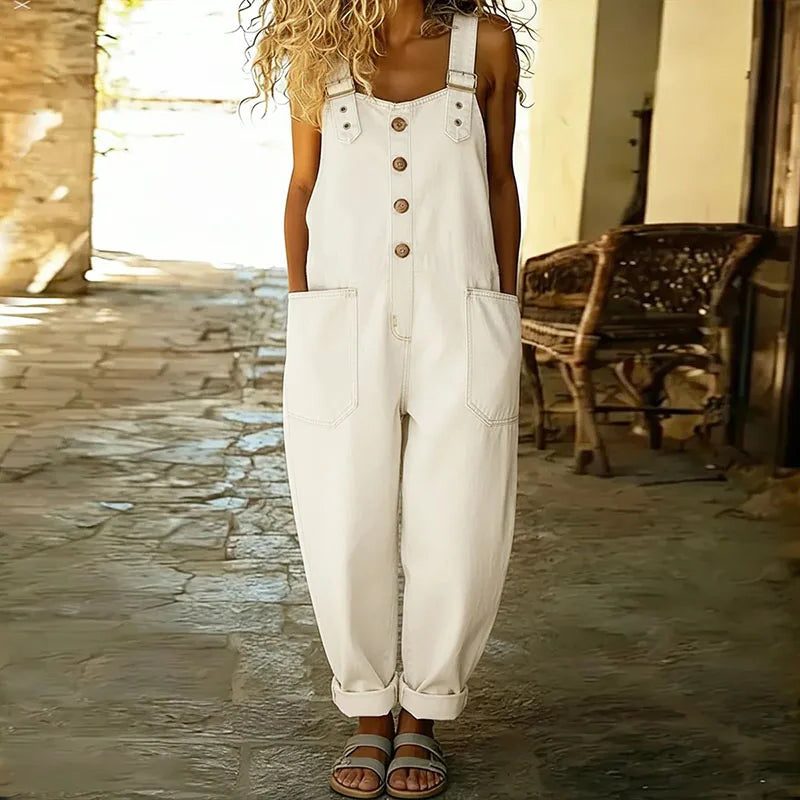 Elowra | Women's Relaxed Denim Button Front Overalls