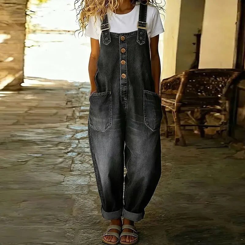 Elowra | Women's Relaxed Denim Button Front Overalls