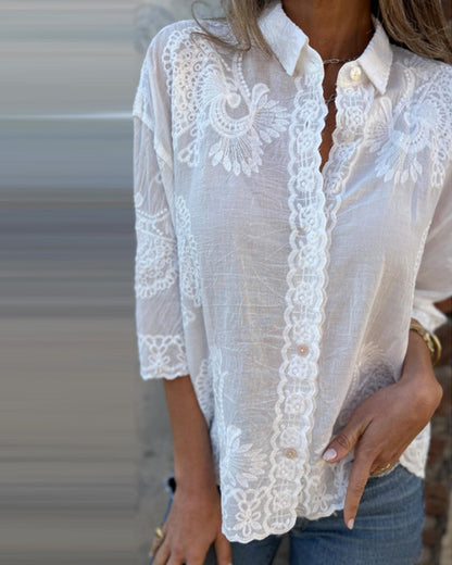 Solid cotton blend notched collar shirt for women | Marisela