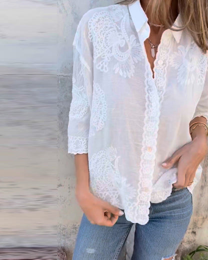 Solid cotton blend notched collar shirt for women | Marisela