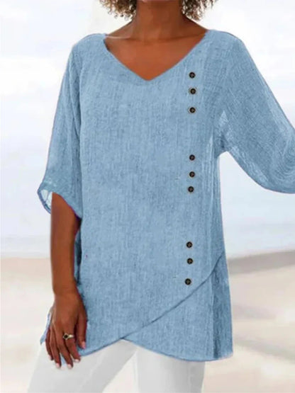 Blue button-trim asymmetrical hem blouse for women | Ondine