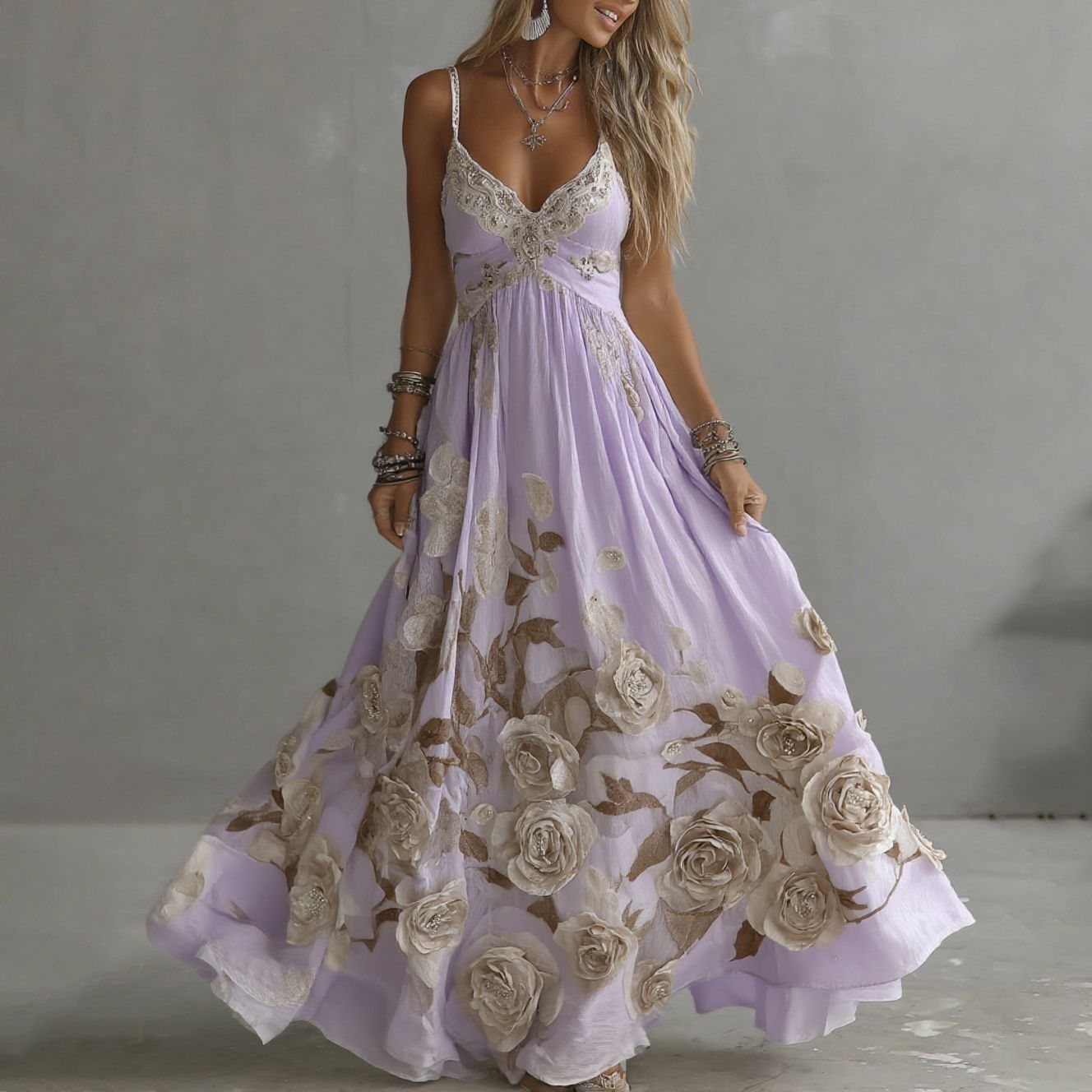Vintage rose embroidered maxi dress for women | Adeluna