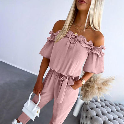 Chic off-shoulder frill tie-waist jumpsuit for women | Camila