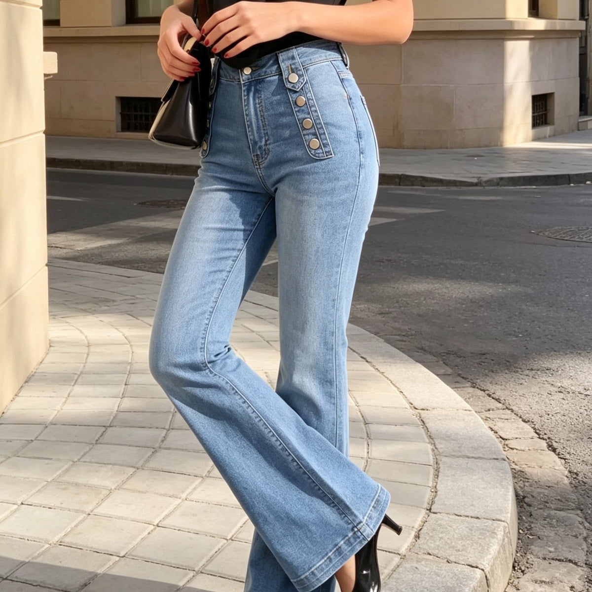 Liorra | Women's High Waist Button Detail Flare Jeans