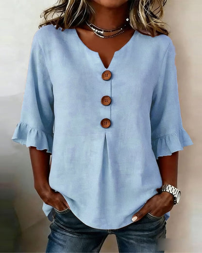 Cotton V-neck ruffle half sleeve blouse for women | Patrizia