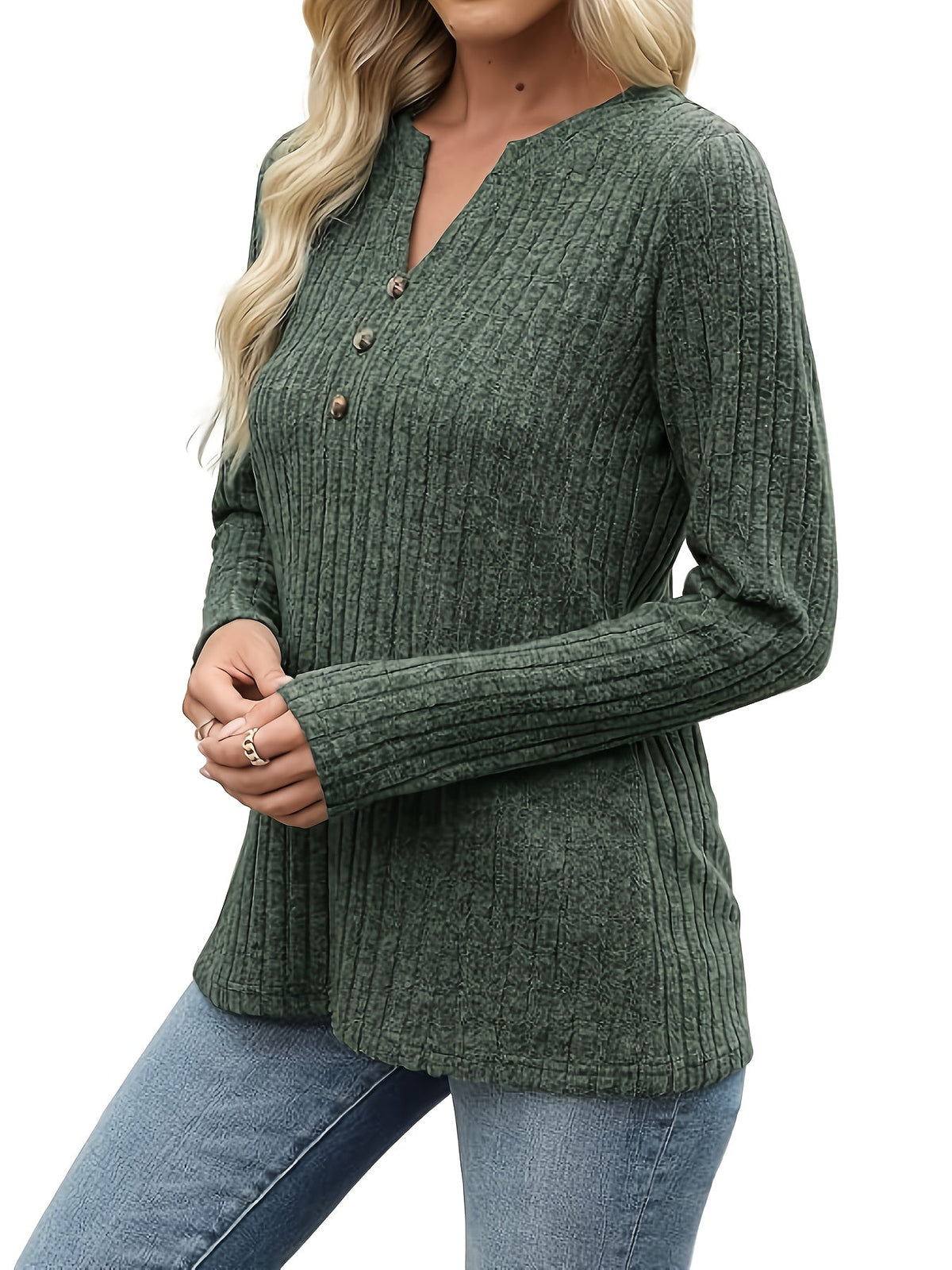 Velmara | Women's Ribbed Button Neck Top with Long Sleeves