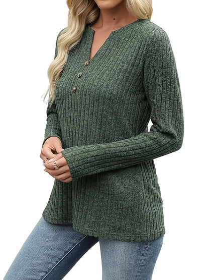 Velmara | Women's Ribbed Button Neck Top with Long Sleeves