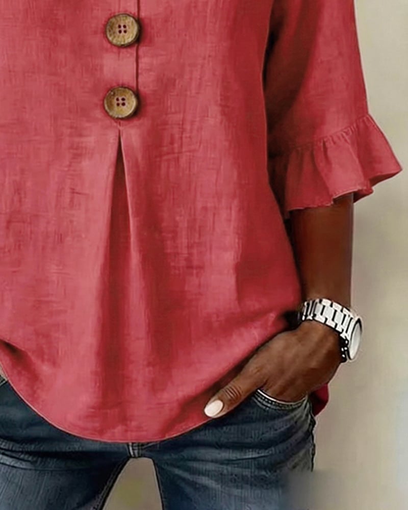 Cotton V-neck ruffle half sleeve blouse for women | Patrizia