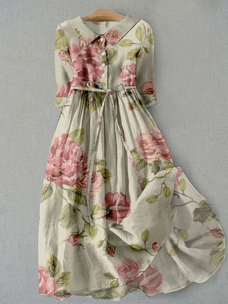 Vintage floral button-front tie-waist maxi dress for women | Fleur
