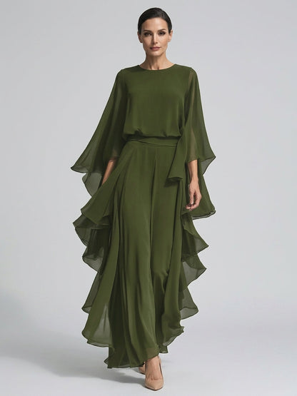 Isabelle | Women's Chiffon Ruffle Sleeve Top and Wide Leg Trousers Set