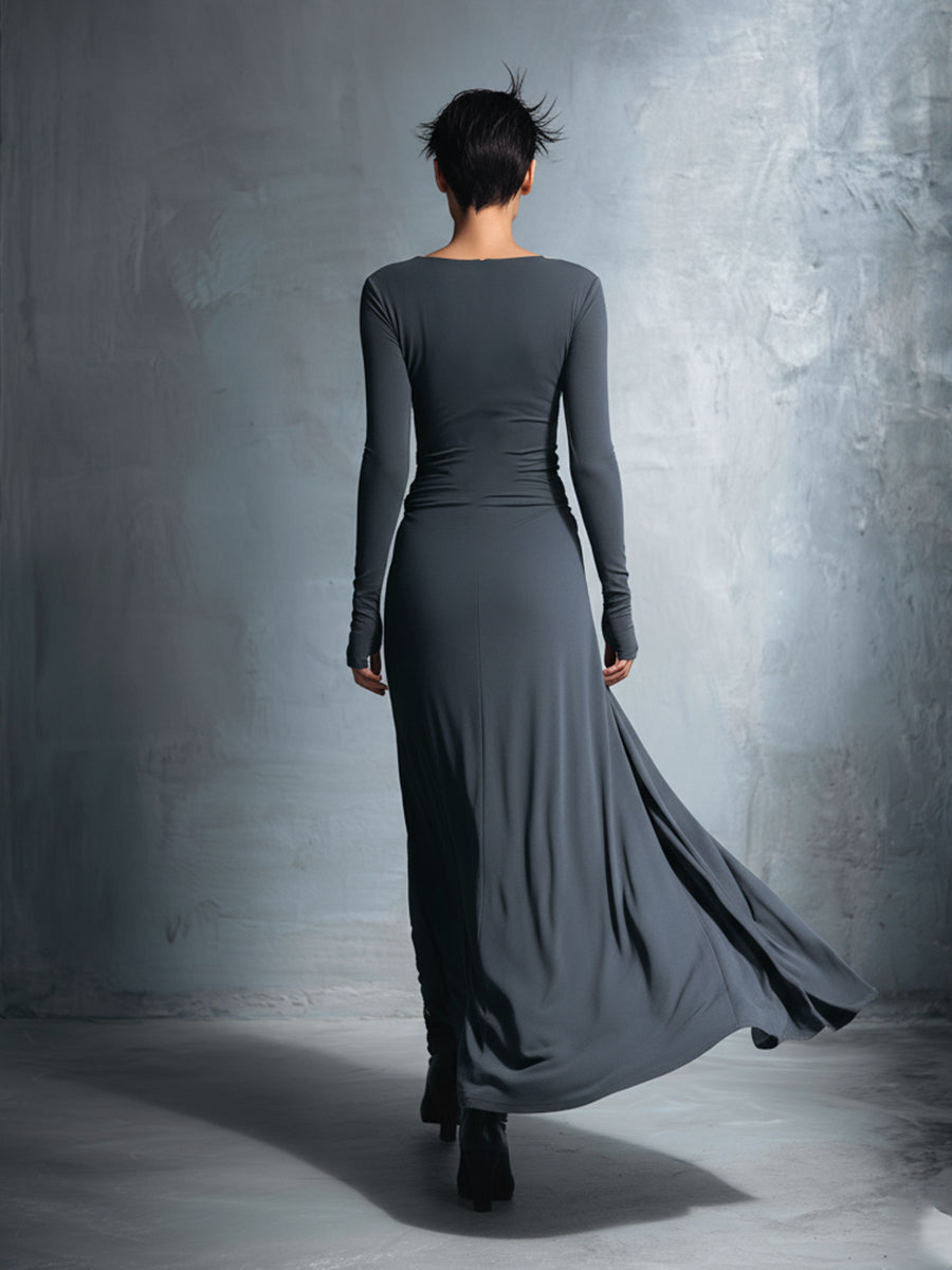 Elegant gray wrap maxi dress with knot detail for women | Elara