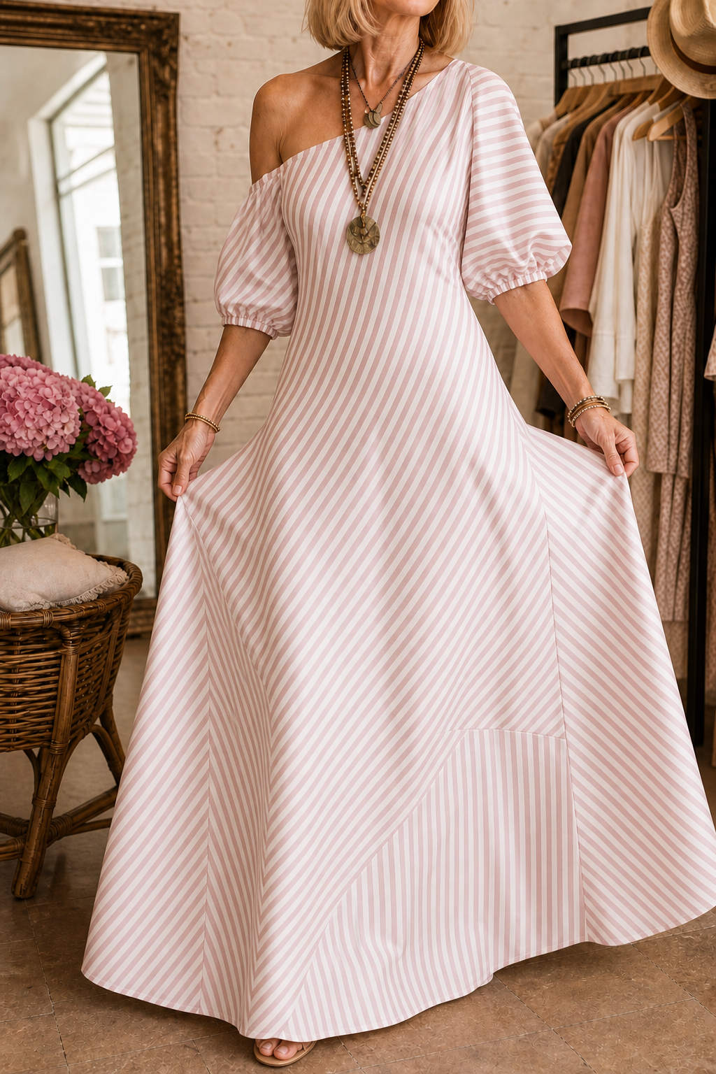 Ornestra | Women's One-Shoulder Puff Sleeve Maxi Dress