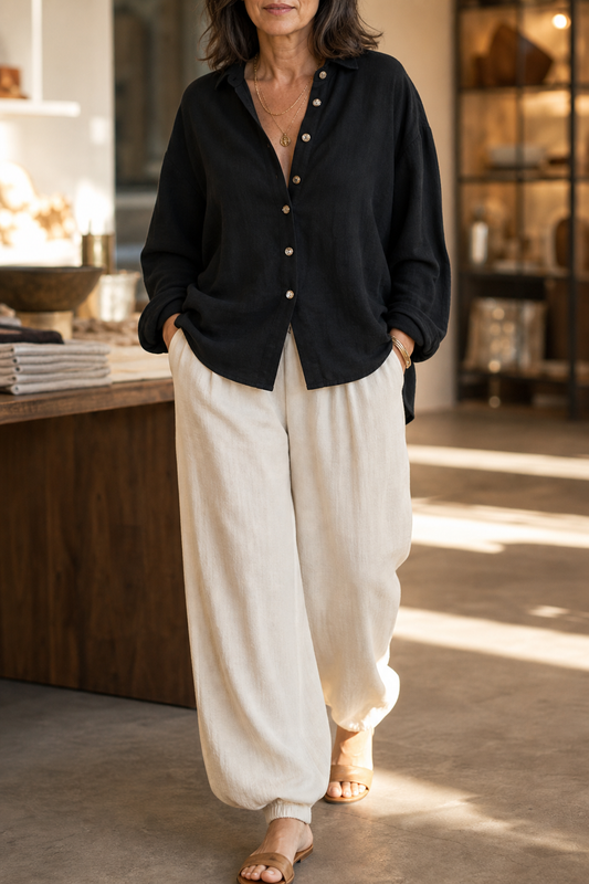 Velyra | Women's Relaxed Button-Front Shirt and Draped Pants