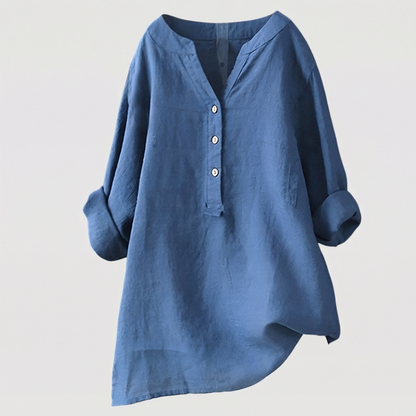 Refined V-neck button-down lightweight shirt for women | Carina
