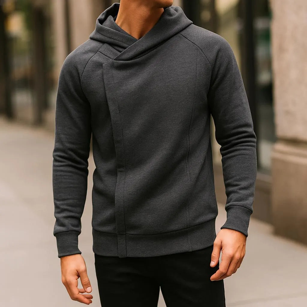 Asymmetric zip hoodie with sculpted crossover hood | Kaelen
