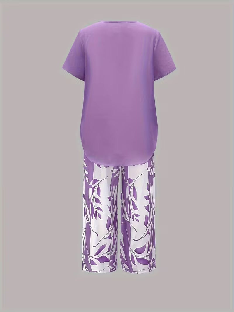 Leaf print relaxed top and trouser casual set for women | Summer