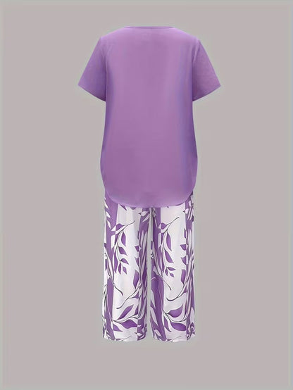 Leaf print relaxed top and trouser casual set for women | Summer