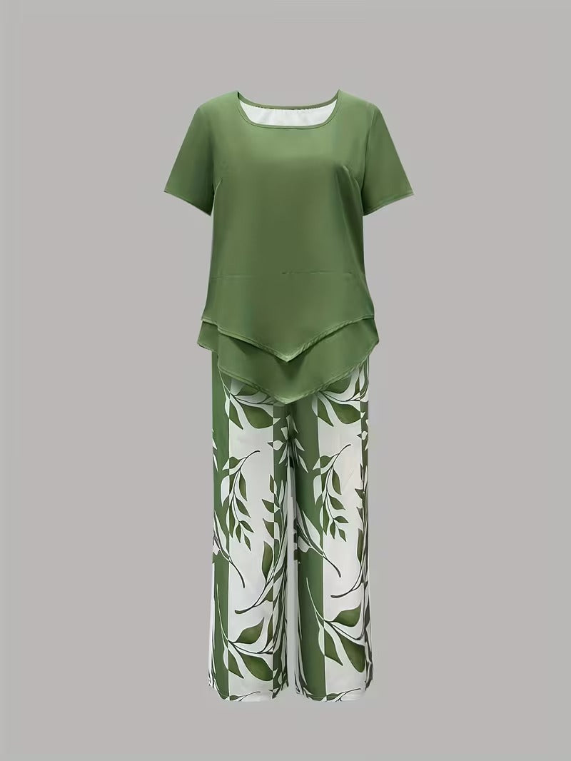 Leaf print relaxed top and trouser casual set for women | Summer