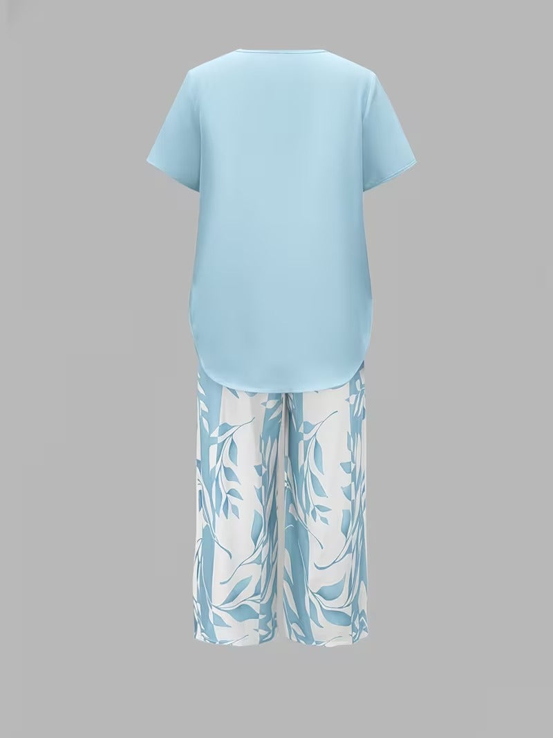 Leaf print relaxed top and trouser casual set for women | Summer