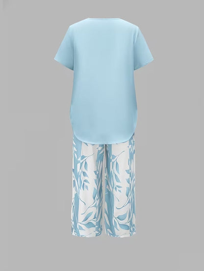 Leaf print relaxed top and trouser casual set for women | Summer