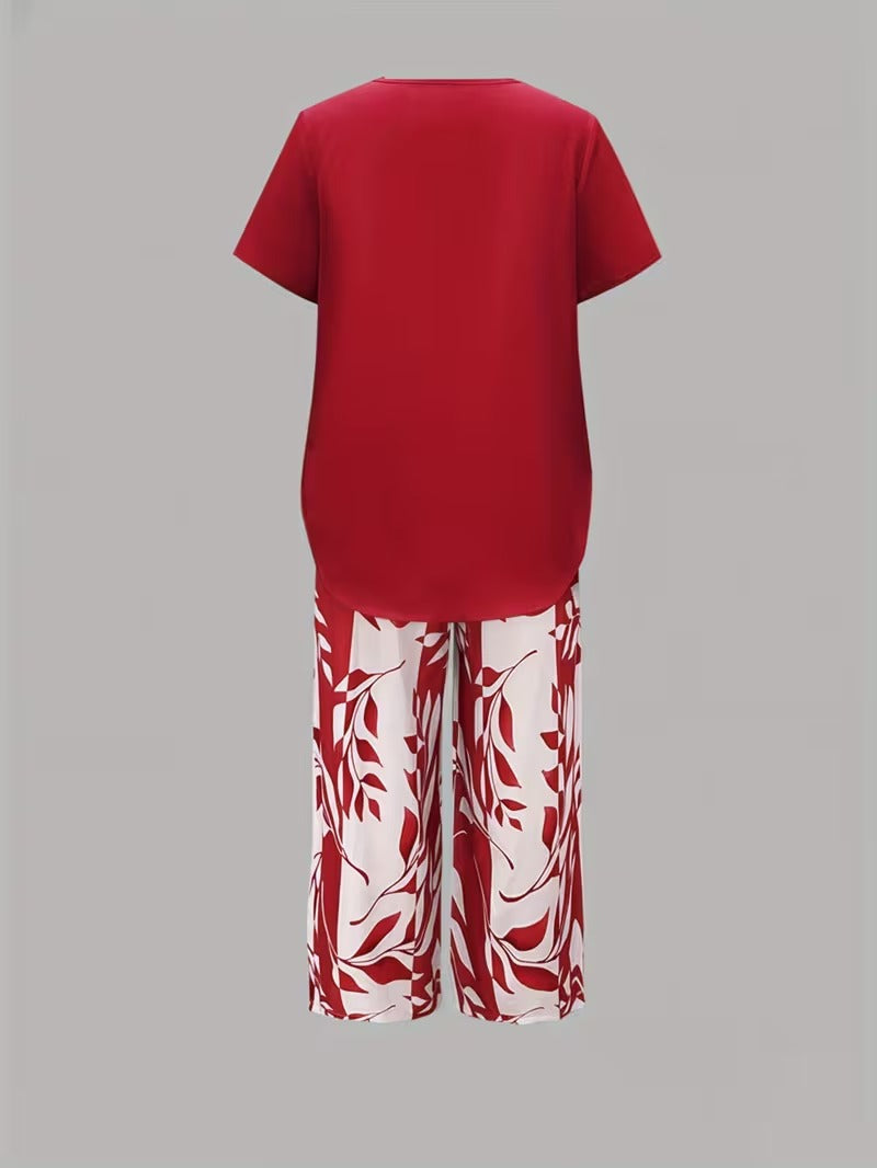 Leaf print relaxed top and trouser casual set for women | Summer