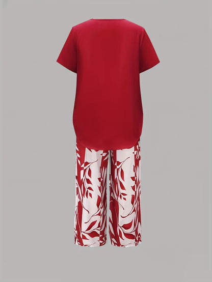 Leaf print relaxed top and trouser casual set for women | Summer