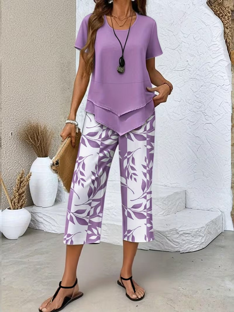 Leaf print relaxed top and trouser casual set for women | Summer