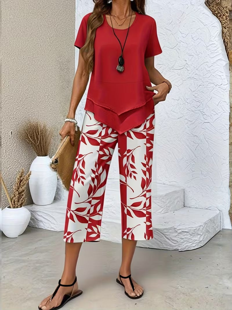 Leaf print relaxed top and trouser casual set for women | Summer