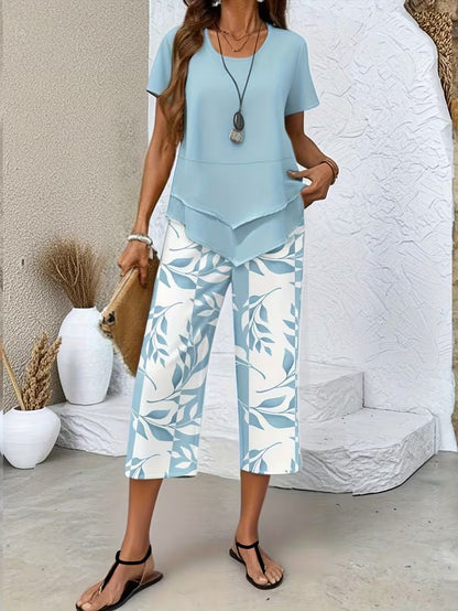 Leaf print relaxed top and trouser casual set for women | Summer