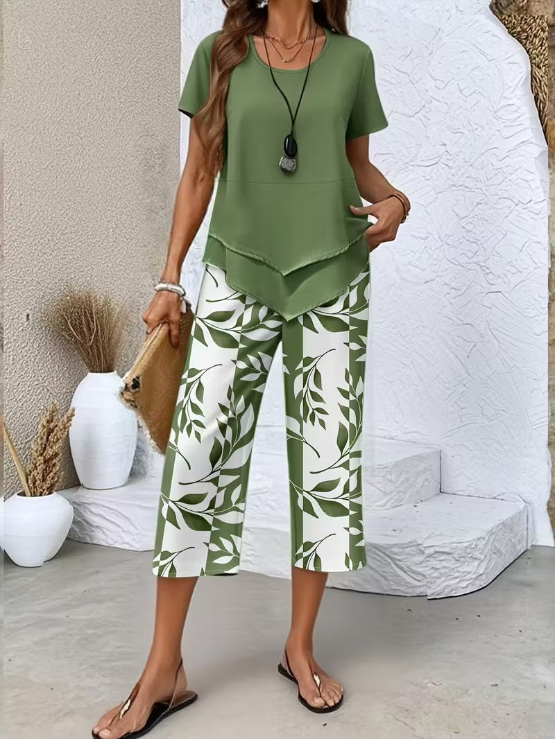Leaf print relaxed top and trouser casual set for women | Summer