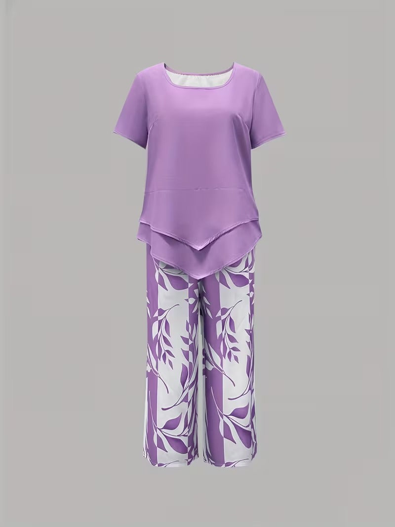Leaf print relaxed top and trouser casual set for women | Summer