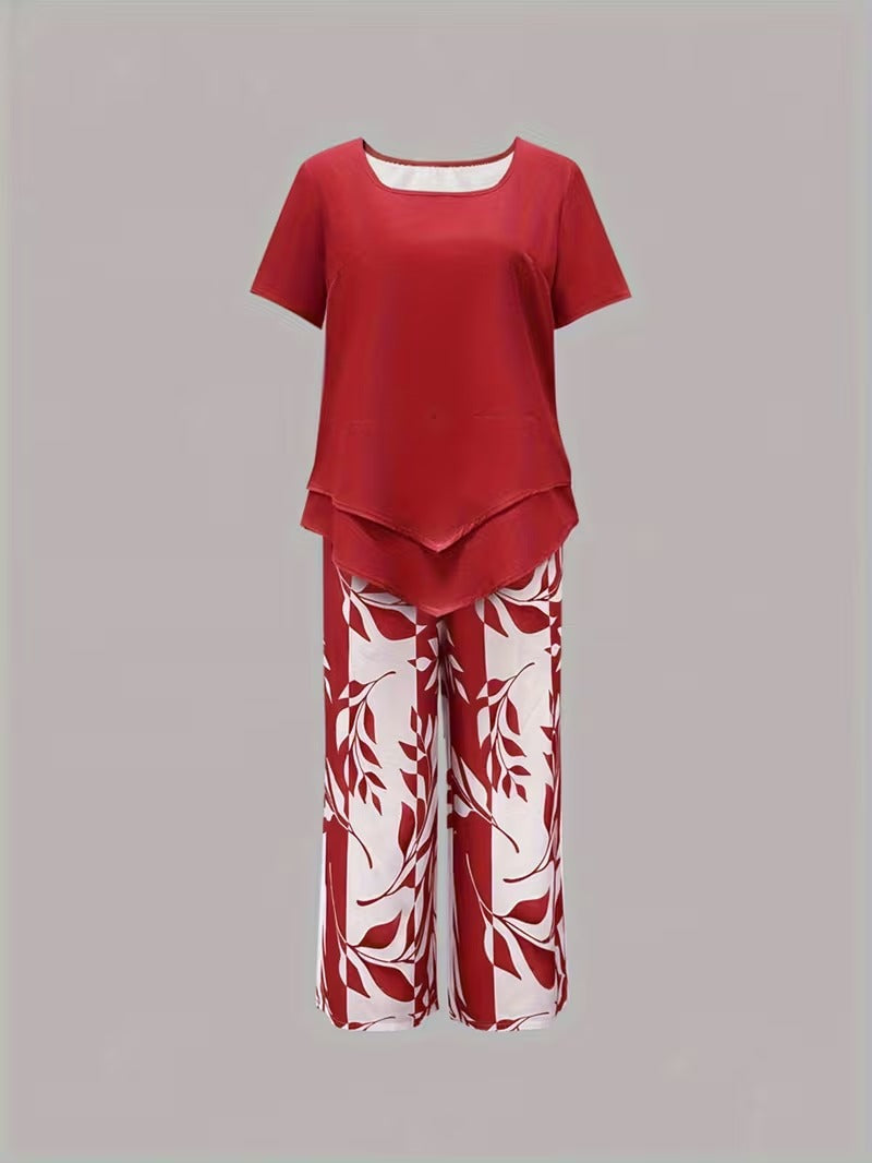 Leaf print relaxed top and trouser casual set for women | Summer