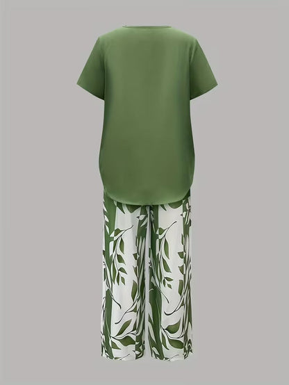 Leaf print relaxed top and trouser casual set for women | Summer