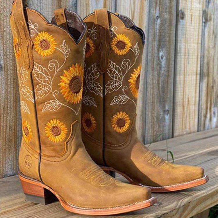 Embroidered cowboy boots with sunflower detail for women | Samantha