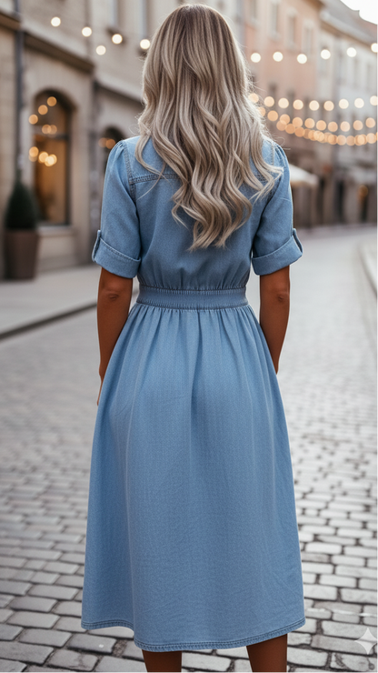 Belted light-wash denim midi shirt dress for women | Isabelle