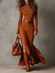 Brown Zippered Belted Maxi Dress for Women | Seraphine