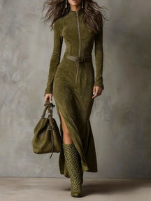 Brown Zippered Belted Maxi Dress for Women | Seraphine