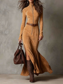 Brown Zippered Belted Maxi Dress for Women | Seraphine