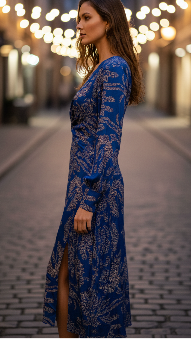Elegant premium V-neck flowing midi dress for women | Lara