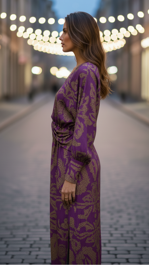 Elegant premium V-neck flowing midi dress for women | Lara