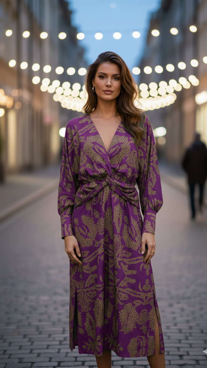 Elegant premium V-neck flowing midi dress for women | Lara