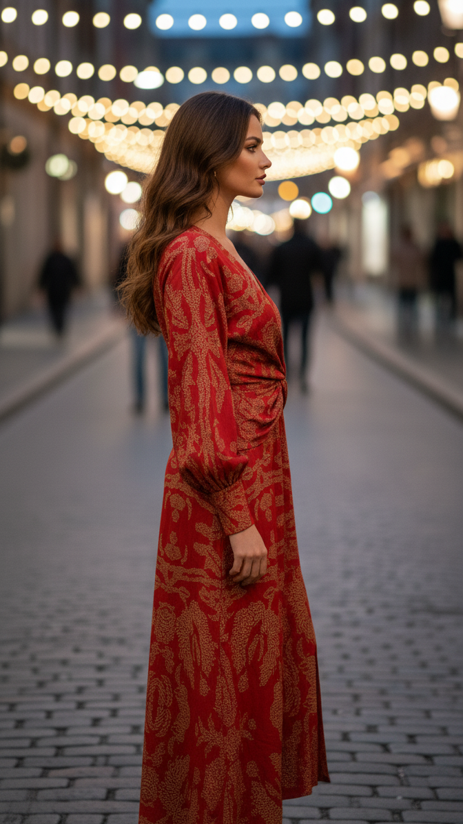 Elegant premium V-neck flowing midi dress for women | Lara