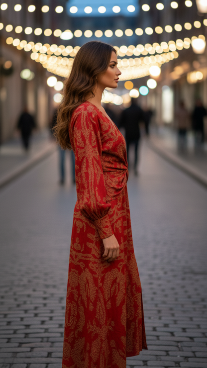 Elegant premium V-neck flowing midi dress for women | Lara