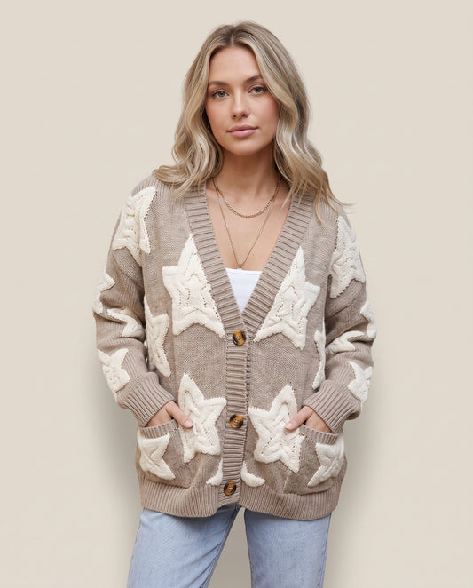 Mariselle | Women's Star Pattern Button Front Long Sleeve Cardigan