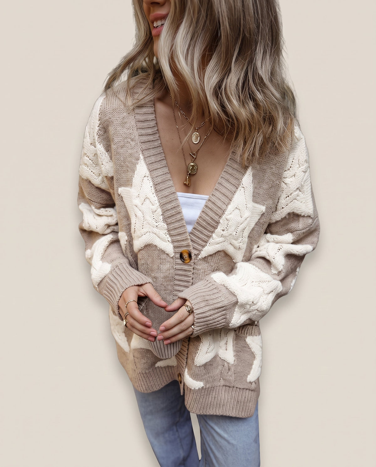 Mariselle | Women's Star Pattern Button Front Long Sleeve Cardigan