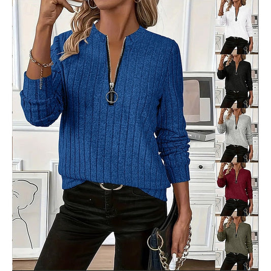 Rhoswen | Women's Ribbed Zip Neck Long Sleeve Top