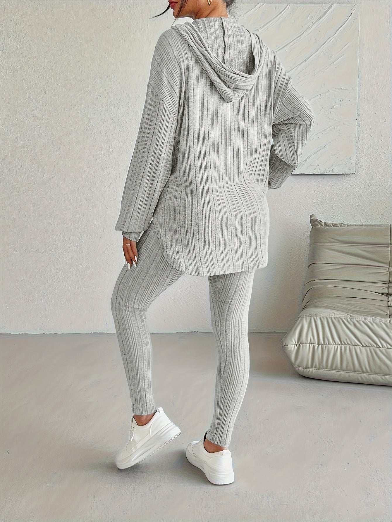 Ribbed knit lounge set with oversized hooded top | Lyra