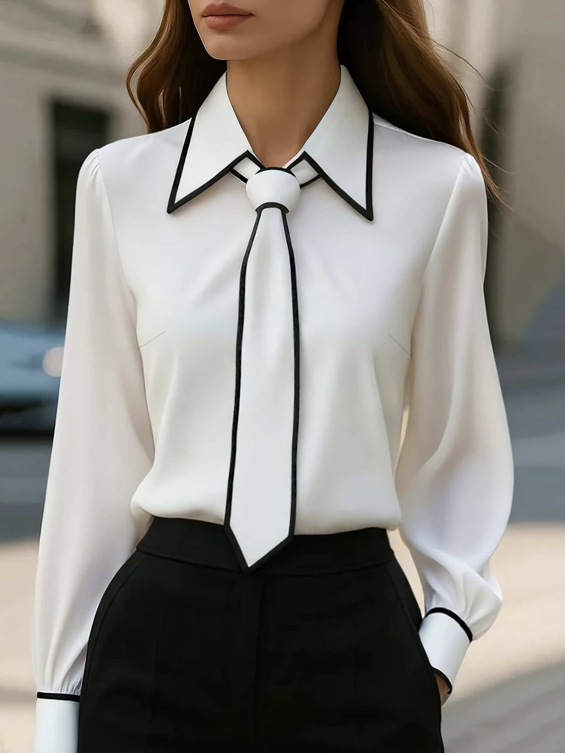 Contrast tie blouse with oversized collar for women | Selina