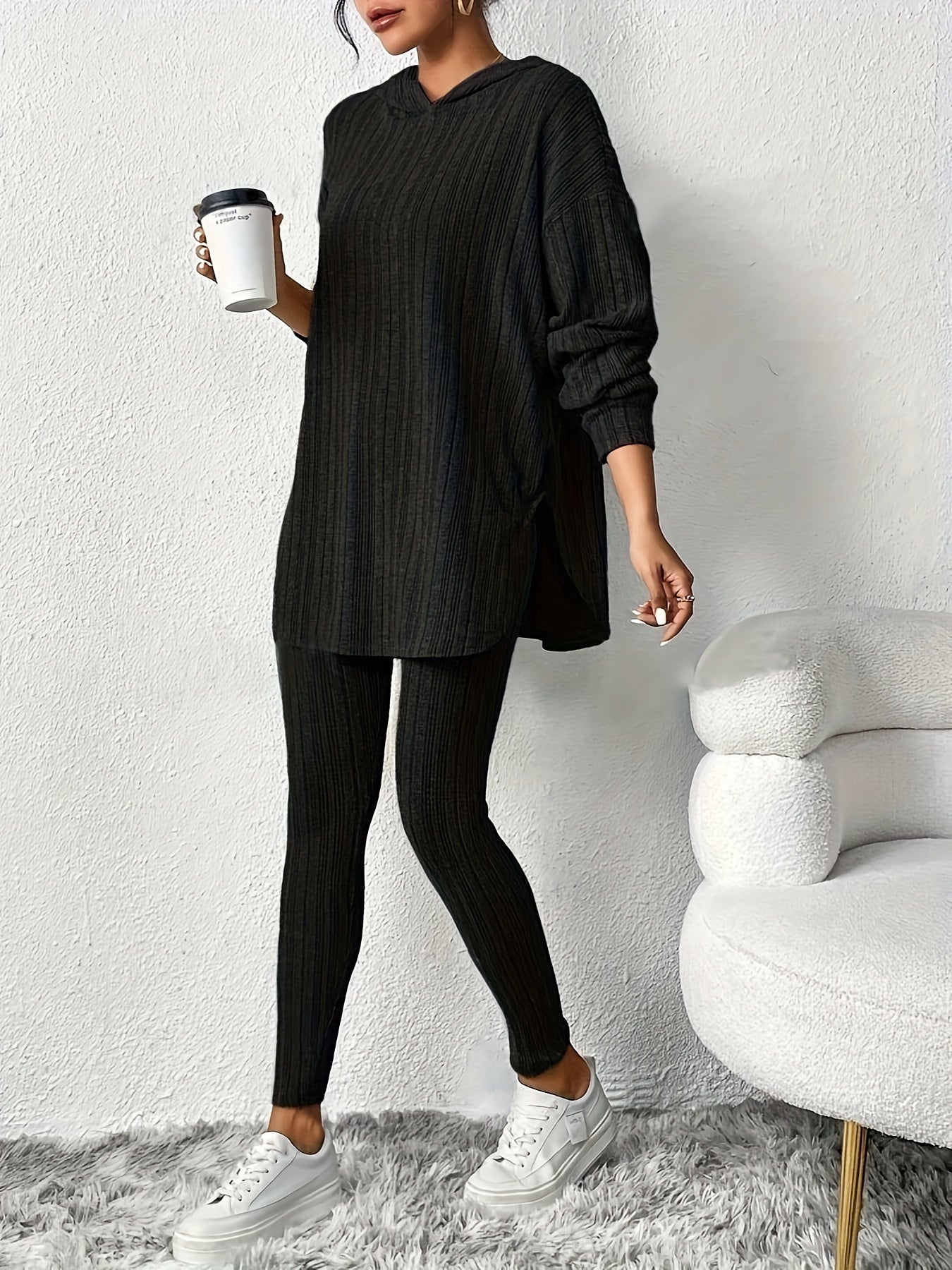 Ribbed knit lounge set with oversized hooded top | Lyra